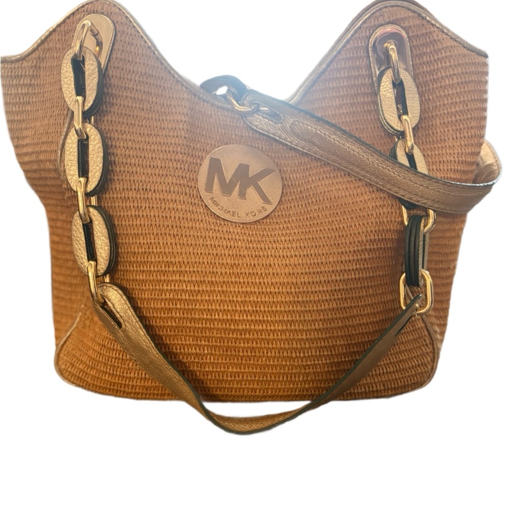 Michael Kors Brown Woven Shoulder Bag with Gold Accents